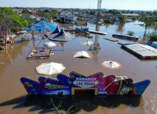 Enchente em Canoas: uma imagem aérea captada pelo Governo do Rio Grande do Sul mostra um parque de diversões submerso