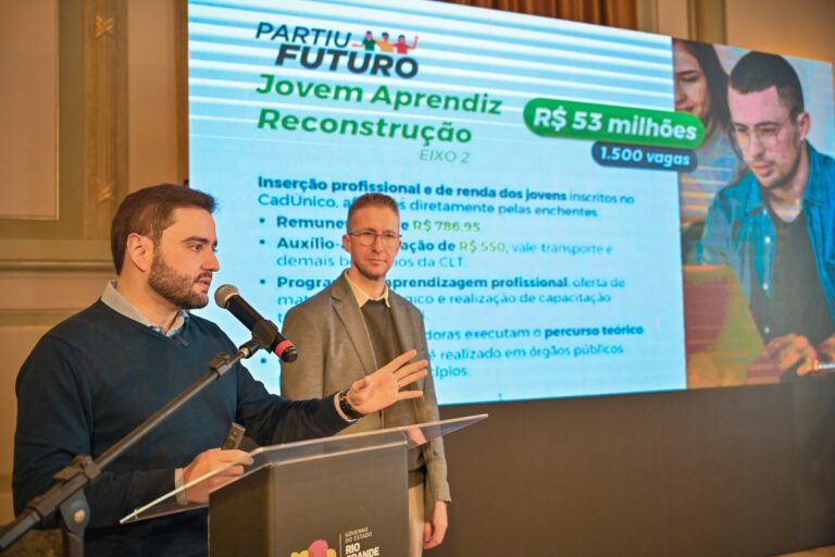 Governo do RS lança programa de estágios Partiu Futuro Reconstrução, para vítimas da enchente com vagas em Canoas. As inscrições seguem até a próxima sexta-feira (6).