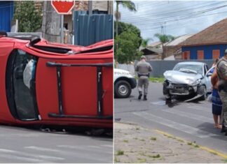 Carro capota em Canoas após colisão em cruzamento