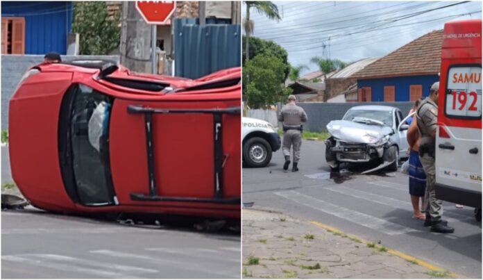 Carro capota em Canoas após colisão em cruzamento