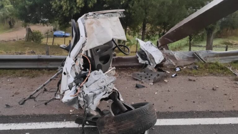 Homem colidiu contra poste de sinalização na BR-470; o homem morreu no local e o carro ficou destruído
