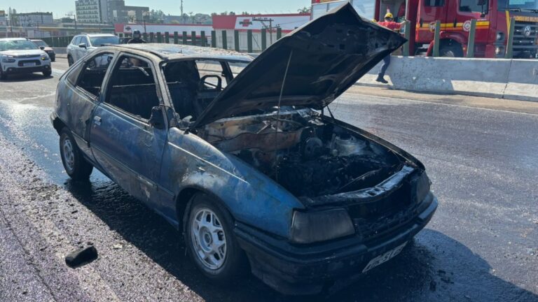 Carro pega fogo na BR-116, em Canoas