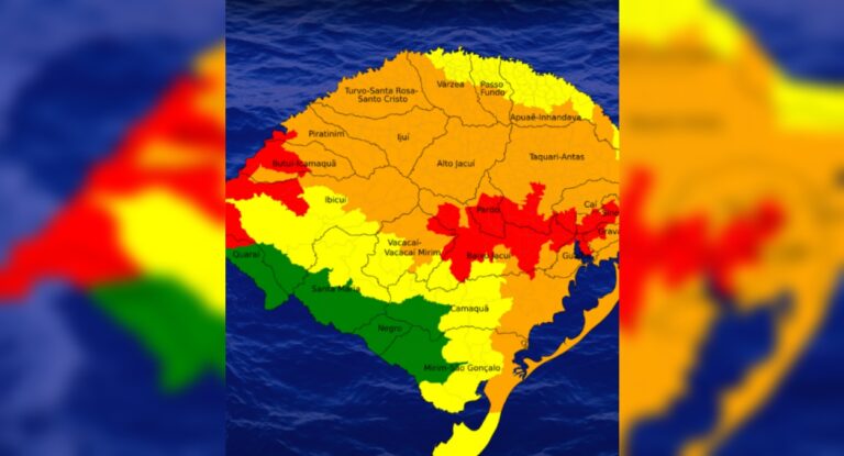 Mapa da Defesa Civil do Rio Grande do Sul mostra áreas com alerta de inundação