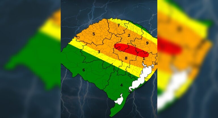 Imagem meteorológica do Rio Grande do Sul que está sob alerta laranja: chuva intensa