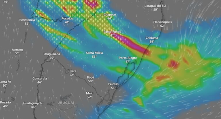 Imagem de satélite mostra chuva volumosa sobre o Rio Grande do Sul
