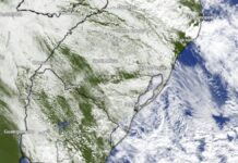Imagem de satélite mostra nuvens de chuva sobre o Rio Grande do Sul