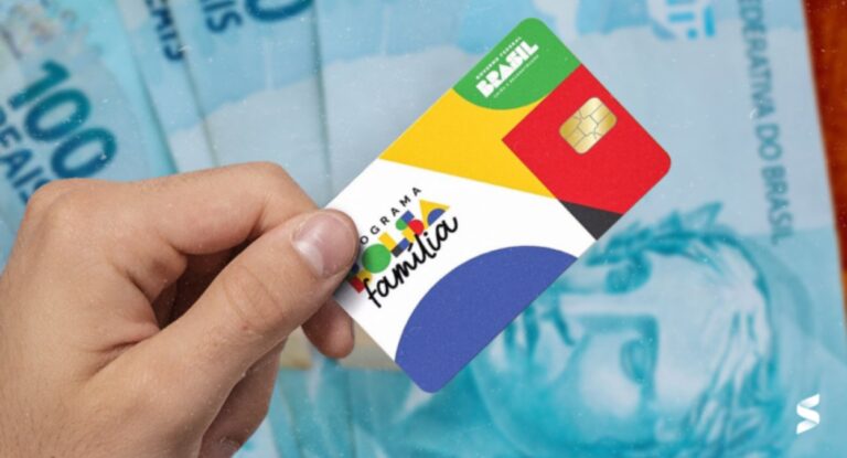 Imagem do cartão do bolsa família com cédulas ao fundo