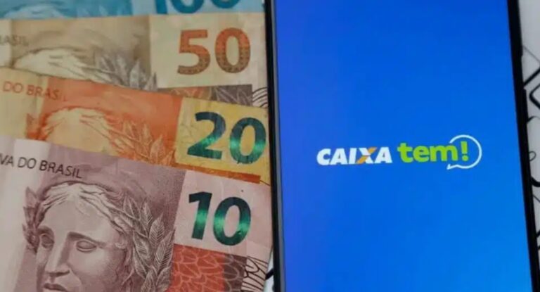 foto mostra aplicativo do caixa tem com cédulas de dinheiro