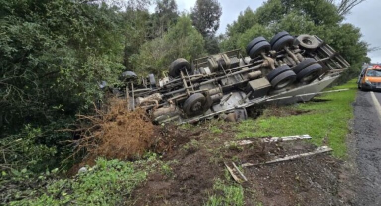 Caminhão de Canoas carregado com carnes tomba e bloqueia rodovia