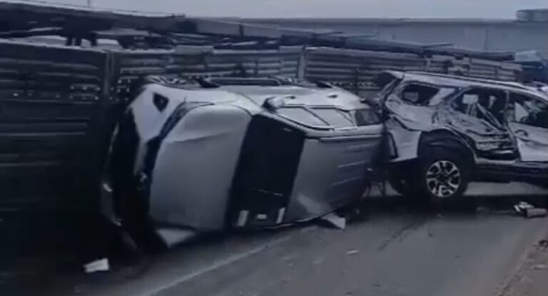 na foto, carreta tomba ponte do guaíba