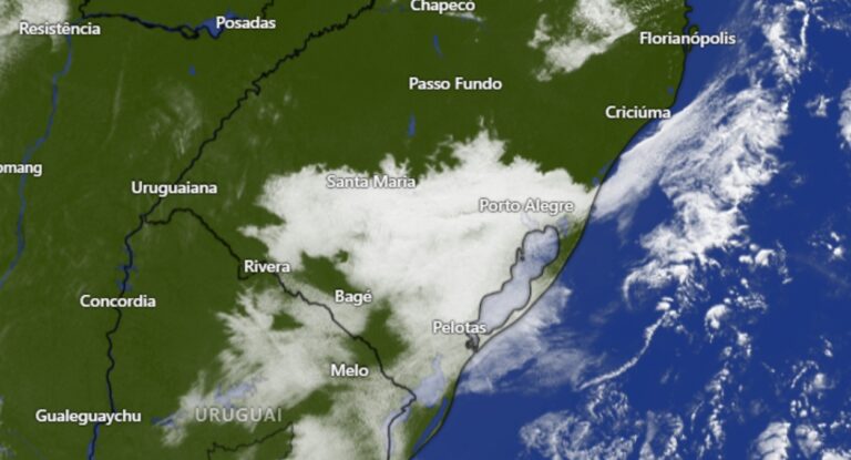 Mapa mostra nuvens que podem ser de chuva sob o Rio Grande do Sul