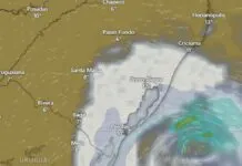 Imagem do radar Windy mostra chuva e formação de ciclone no Rio Grande do Sul