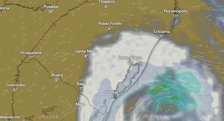 Imagem do radar Windy mostra chuva e formação de ciclone no Rio Grande do Sul