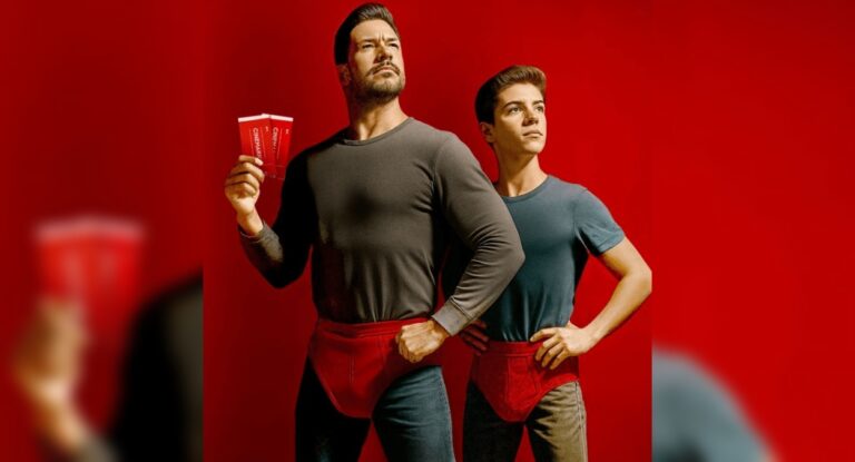 Foto mostra um homem e um menino usando cueca vermelha por cima das calças que vestem e o homem segura dois ingressos do Cinemark para assistir ao filme do Superman