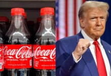 Foto mostra refrigerante da coca-cola e o presidente dos EUA, Donald Trump