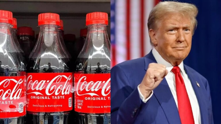 Foto mostra refrigerante da coca-cola e o presidente dos EUA, Donald Trump