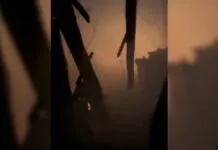 Imagem mostra incêndio em loja no parque assis brasil
