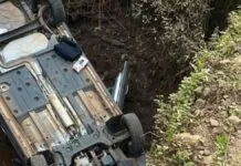 Na foto, o carro da mulher que morreu após carro capotar