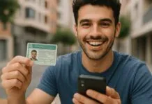 Imagem de jovem com CNH na mão e celular na outra enquanto sorri feliz