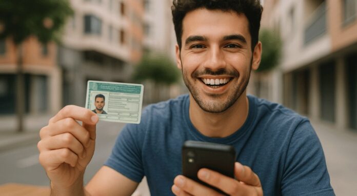 Imagem de jovem com CNH na mão e celular na outra enquanto sorri feliz