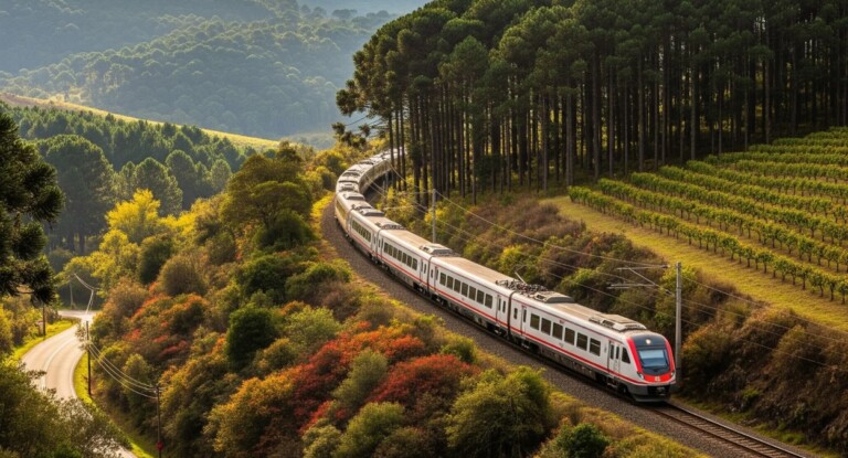 Trem em meio ao mato em trilho