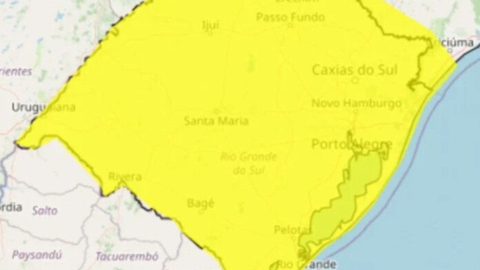 Na foto, o mapa do INMET para tempestades e ventos