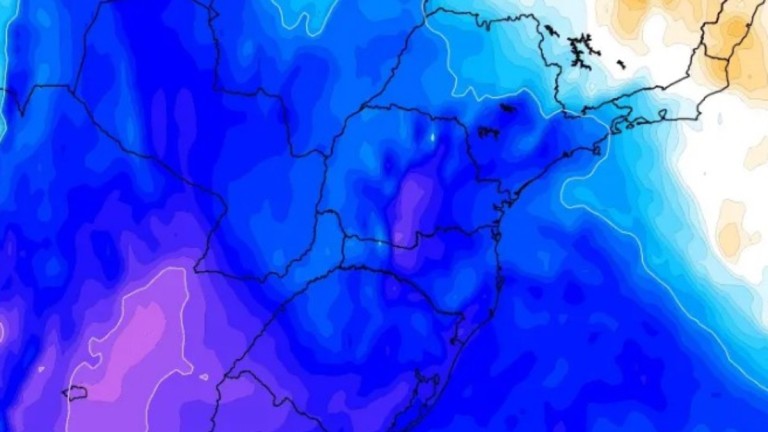 O mapa que mostra a massar de ar frio no RS
