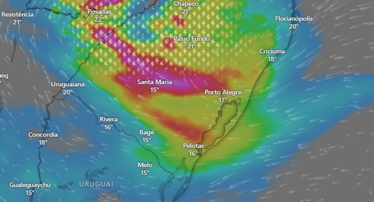 imagem mostra formação de ciclone no rs