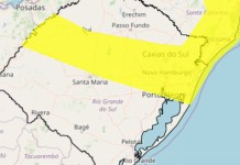 Imagem do alerta amarelo emitido pelo INMET para o RS