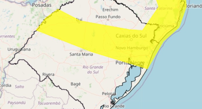 Imagem do alerta amarelo emitido pelo INMET para o RS