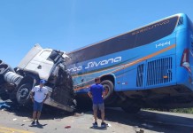 Colisão frontal entre caminhão e ônibus na BR-116 deixa seis mortos.