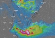 Imagem de satélite do Windy mostra ciclone extratropical passando em cima do Uruguai e afetando o clima no RS